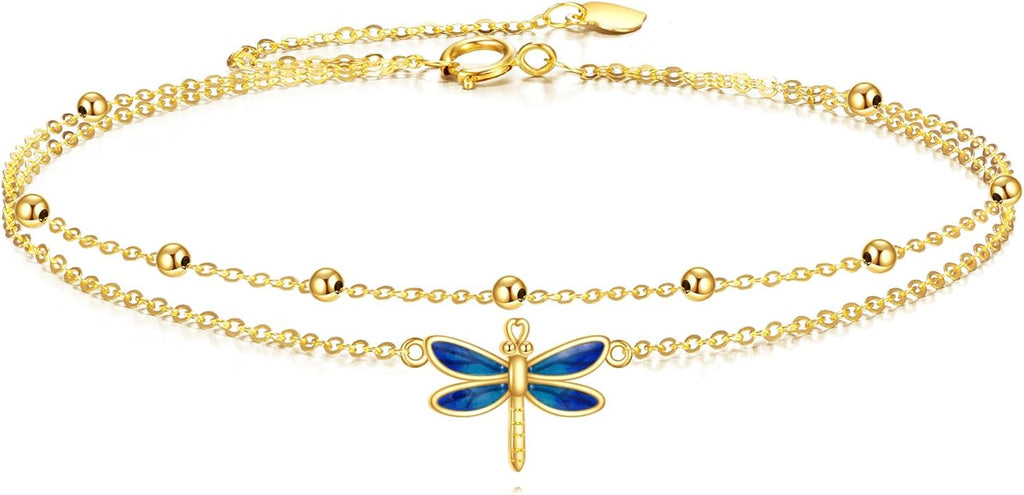 KECHO 14k Yellow Gold Butterfly/Dragonfly/Frog/Sunflower/Daisy/Tree of life/Moon/Clover Bracelet Anklet for Women