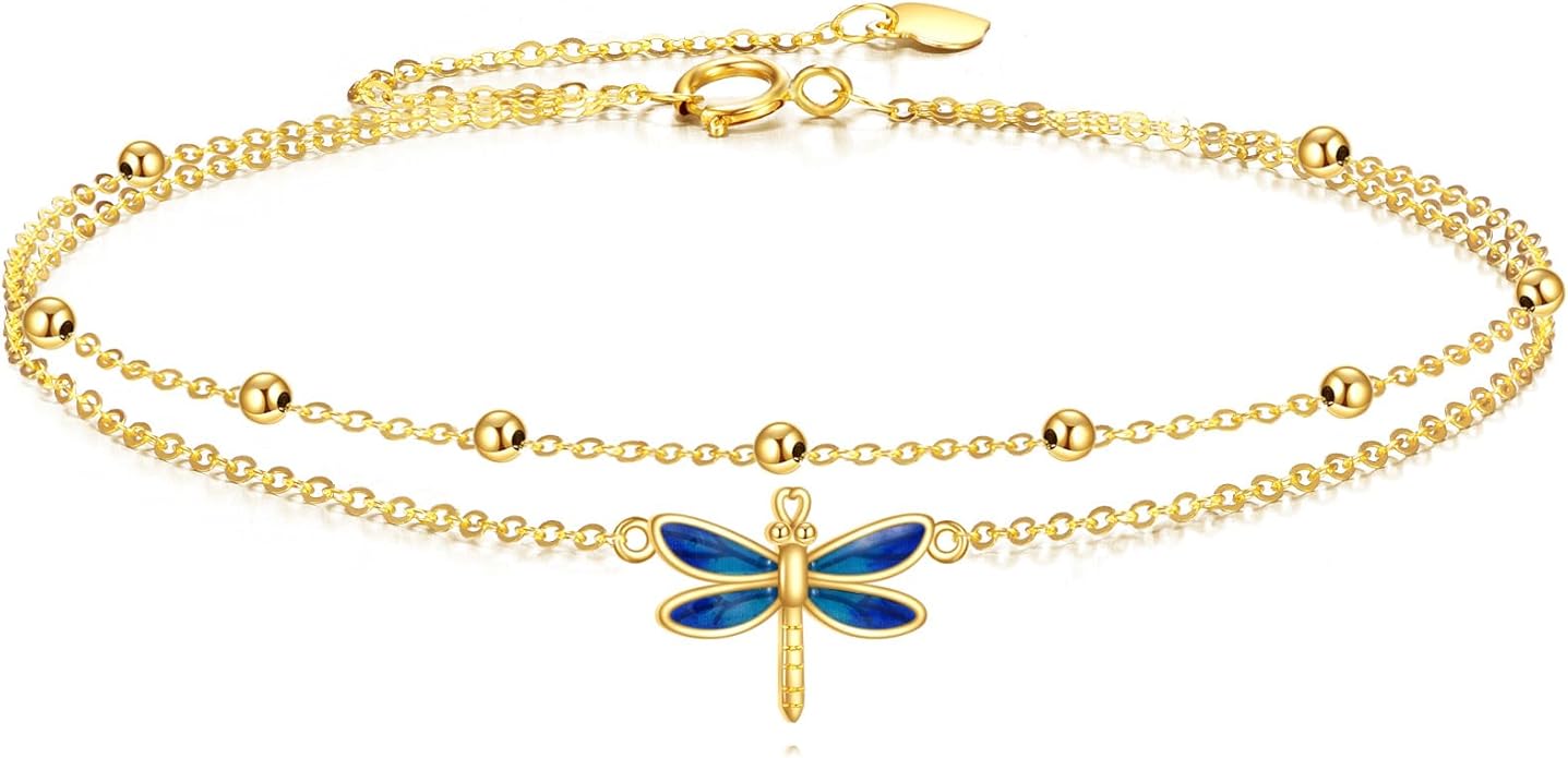KECHO 14k Yellow Gold Butterfly/Dragonfly/Frog/Sunflower/Daisy/Tree of life/Moon/Clover Bracelet Anklet for Women