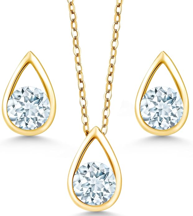 Gem Stone King 18K Yellow Gold Plated Silver 5MM Round Gemstone Birthstone Teardrop Pendant Earrings Set | Jewelry Set for Women | With 18 Inch Chain