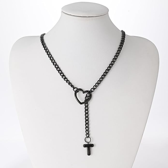 Black Heart Slip Chain Initial Necklaces for Women,Stainless Steel O-Ring Adjustable Lariat Heart Y-Necklace,Punk Gothic Cuban Collar Choker Necklace for women