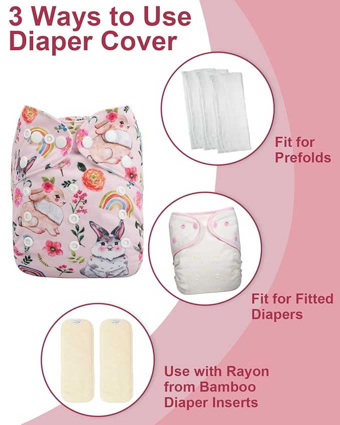 babygoal Cloth Diaper Covers 6 Pack with Wet Bag for Fitted Diapers and Prefolds with Double Gussets, Adjustable and Reusable for Baby Girls 6DCF15-B