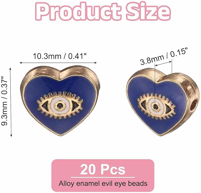 MECCANIXITY 20 Pcs Heart Evil Eye Beads Colorful Flat Loose Spacer Evil Eye Charms for DIY Bracelet Earrings Necklace Crafts Jewelry Making, Bright Blue