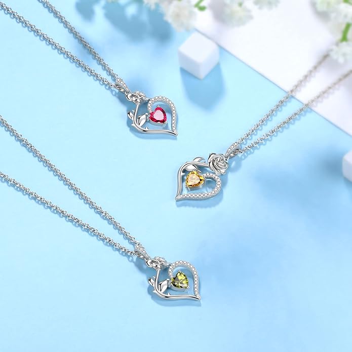 Jewmon Valentine Day Gifts for Her Rose Heart Birthstone Necklace for Women 925 Sterling Silver Birth Stone Flower Rose Necklace Anniversary Love GIfts for Girlfriend Wife Mom Birthday Gifts for Her