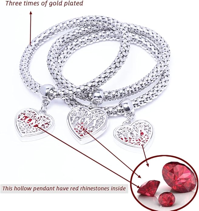 Crystal Charms Multilayer Bracelets - 3PCS Gold/Silver/Rose Gold Corn Chain Bracelet for Women, Tree of Life Heart Shaped Stretch Bracelet