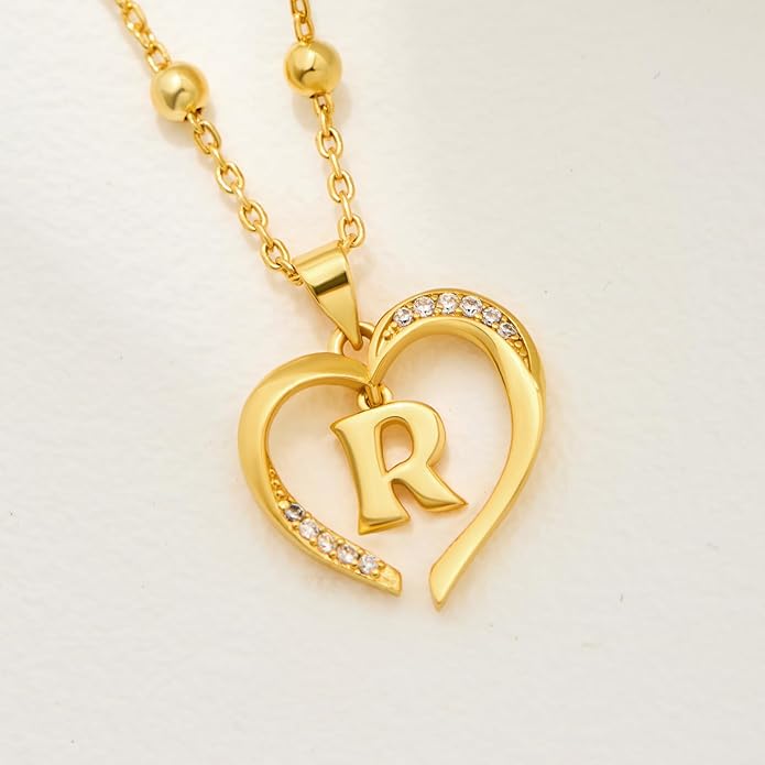 Cicy Bell Womens Heart Initial Necklace for Women 18k Gold Plated Shell Personalized Letter Pendant Necklace 17.7'' with 2'' Extender