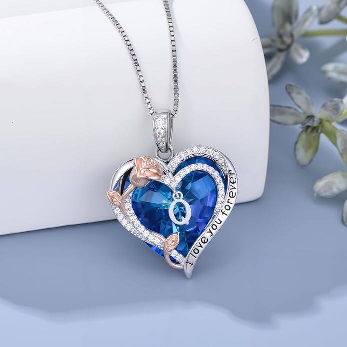 PELOVNY Rose Heart Initial Necklaces for Women S925 Sterling Silver Alphabet Letter Crystal Necklace Initial Pendant Jewelry Gifts for Mom Daughter Wife