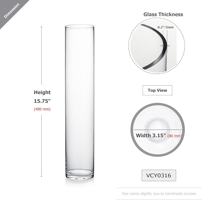 WGVI Quality Thick Weighted Tall Clear Cylinder Glass Vase, Flower Arrangement - Image 2