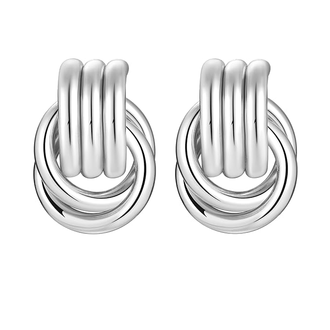 Silver Chunky Knot Earrings Geometric Drop Dangle Trendy Earrings Studs for Women_M Size