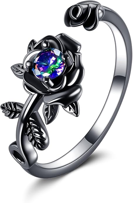 POPLYKE Rose Black Flower Ring For Women Sterling Silver Rings With CZ Jewelry For Women Promise Ring Adjustable Open Ring