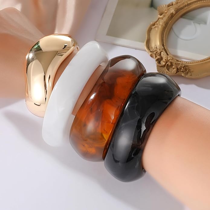 4Pcs Chunky Bangle Bracelets for Women Stackable Colorful Acrylic Gold Bangle Set Irregular Geometric Vintage Bracelets Statement Jewelry