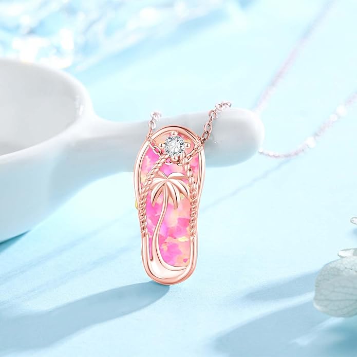 Midir&Etain Ocean Necklace 925 Sterling Silver Blue Opal Necklace Starfish/Flip Flop/Shark Pendant Beach Ocean Jewelry for Women