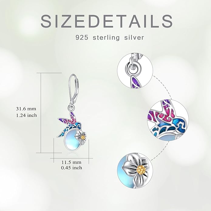Hummingbird with Moonstone Dangle Earrings 925 Sterling Silver Hummingbird Leverback Earrings for Women