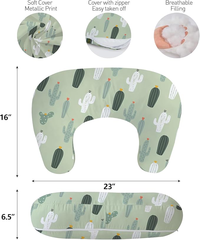 Little Grape Land Nursing Pillow,Upgraded Breast Feeding Pillow for Mom,Breastfeeding & Bottle Feeding for 0–12 Months, Soft Machine Washable Cover with Firm Breathable Filling, Tummy Time,Cactus