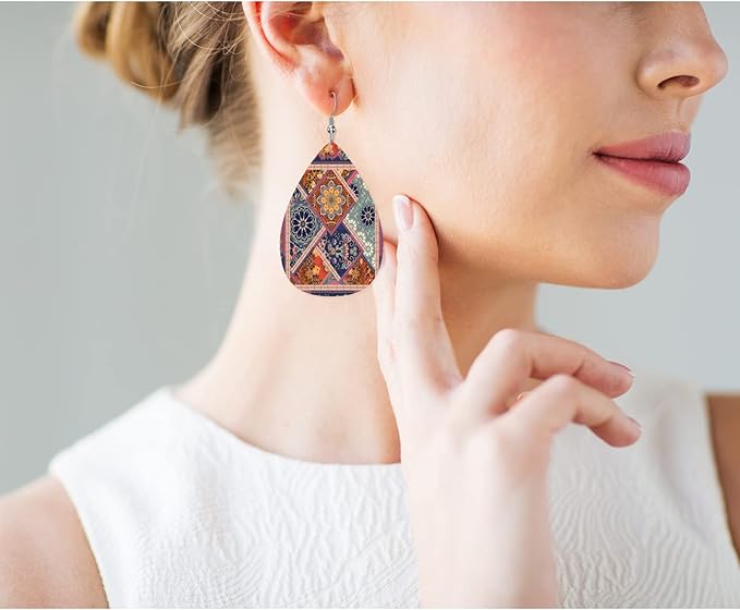 Exotic Ethnic Flowers Leather Teardrop Earrings For Women Traditional Folk Ornament Flowers Western Earrings For Friends Gift Drop Dangle Earrings