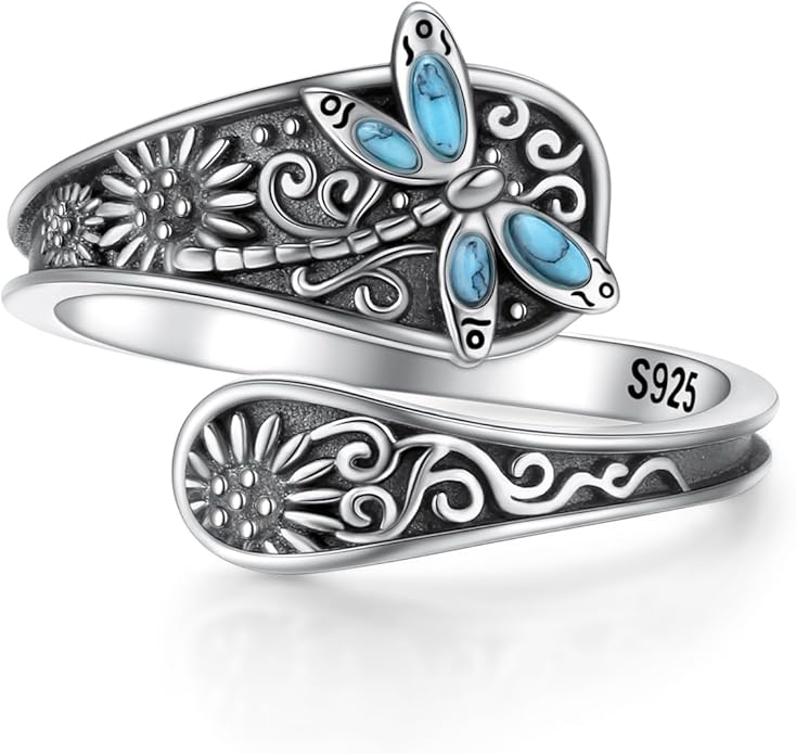 925 Sterling Silver Spoon Rings Butterfly/Dragonfly/Hummingbird/Cross Adjustable Sunflower Thumb Ring For Women Turquoise Boho Ring Vintage Rings Unique Jewelry Present for Christmas Mother's Day