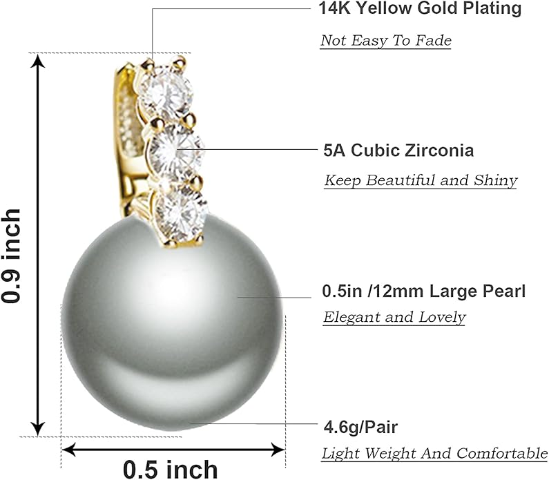 Pearl Earrings for Women 14K Gold Plated Hypoallergenic Pearl Earrings 5A Cubic Zirconia Dangle Earrings Elegant Jewelry