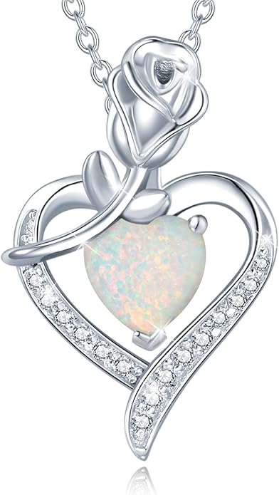 AGVANA Valentines Day Gifts Rosy Reverie Birthstone Necklace for Women Sterling Silver Genuine or Created Gemstone Rose Flower Heart Pendant Necklace Anniversary Birthday Gifts for Women Mom Wife Her