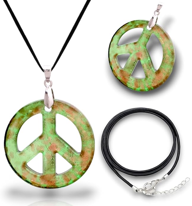 BESHEEK Murano Inspired Peace Sign Blown Glass Lampwork Art Pendant Necklace for Women Handcrafted Artisan Hypoallergenic Italian Style Jewelry