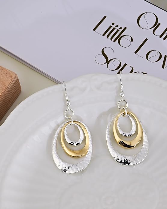 Boho Three Oval Drop Dangle Earrings Silver Earrings for Women Trendy Two Tone Bohemian Jewelry for Thanksgiving and Christmas Gifts