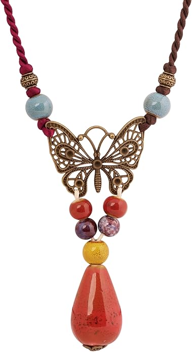 MINACHI Hippie Boho Colorful Ceramic Bead Butterfly Charm Pendant Y Necklace, Vintage Bohemian Statement Jewelry Gift for Women