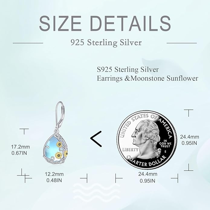 VONALA Sunflower Earring for Women 925 Sterling Silver Teardrop Moonstone Dangle Earring Leverback Sunflower Jewelry Birthday Gifts for Her