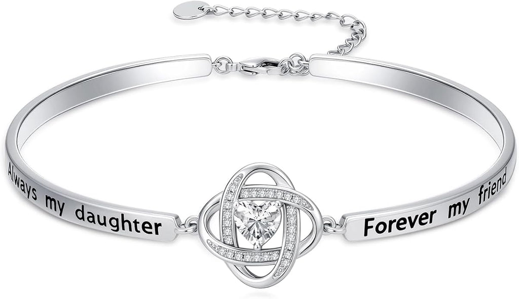 Valentines Day Gifts for Her, 18k White Gold Plated Love Knot Bracelets, Engraved Inspirational and Sentiment Bangle, Anniversary Birthday Jewelry Gift for Lover Wife Girlfriend Sister Friends
