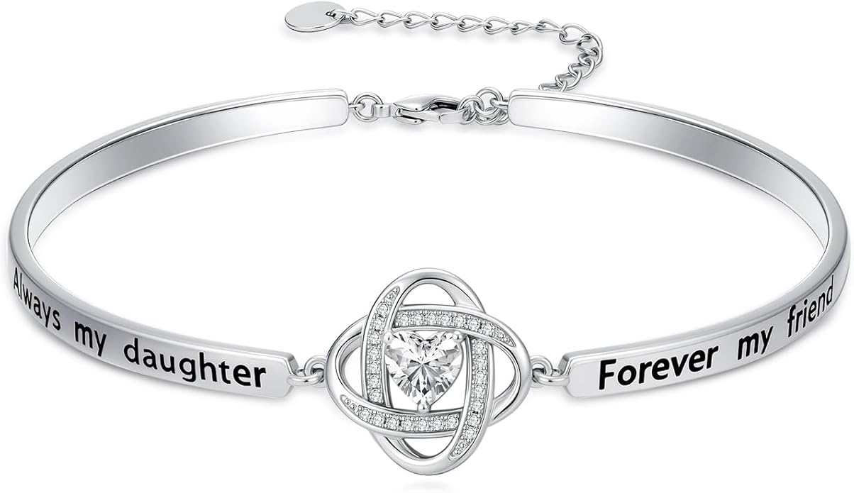 Valentines Day Gifts for Her, 18k White Gold Plated Love Knot Bracelets, Engraved Inspirational and Sentiment Bangle, Anniversary Birthday Jewelry Gift for Lover Wife Girlfriend Sister Friends