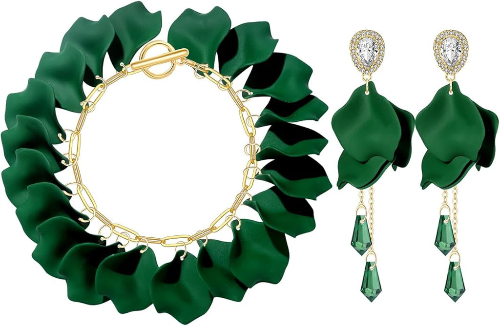 Flower Petal Necklace Earrings Set Layered Statement Beaded Jewelry Set for Women Summer Necklace Earrings
