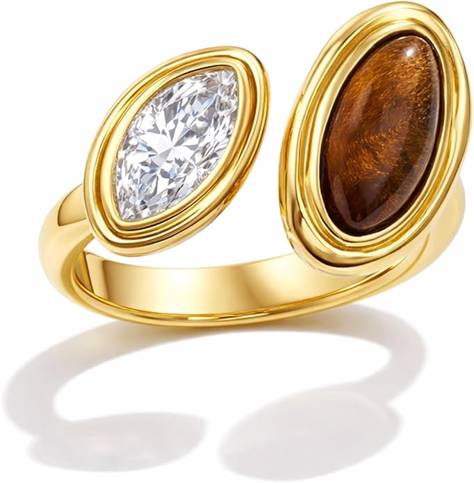 Mchic Adjustable Chunky Rings for Women: Dainty Natural Gemstone Ring Stainless Steel 18K Gold/Silver Plated Band Rings Non Tarnish Waterproof Statement Fashion Jewelry Gift for Women
