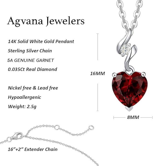 AGVANA Valentines Day Gifts 14K Solid White Gold Diamond Gemstone Pendant with Sterling Silver Chain 8mm Heart Birthstone Necklace Fine Jewelry Anniversary Birthday Gifts for Women Mom Wife
