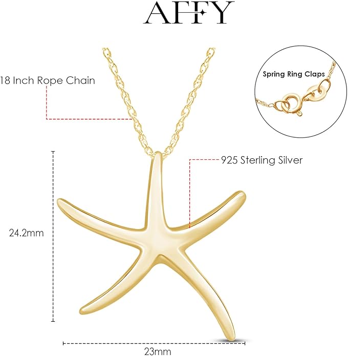 Starfish Charm Pendant Necklace for Women 14K Gold Plated 925 Sterling Silver Ocean Beach Jewelry with 18 Inch Rope Chain Summer Gift