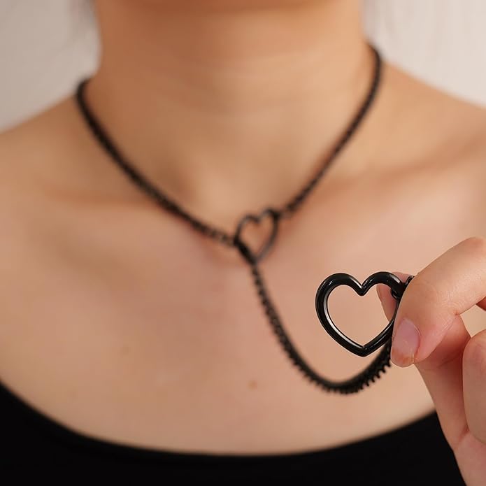 Heart Slip Chain Necklaces for Women,Stainless Steel O-Ring Adjustable Lariat Y-Necklace,Punk Gothic Cuban Collar Choker Necklace for women