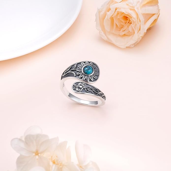 925 Sterling Silver Hummingbird/Sunflower Turquoise/Moonstone/Lily of the Valley Flower Spoon Ring Adjustable Open Ring Statement Thumb Ring Jewelry for Women