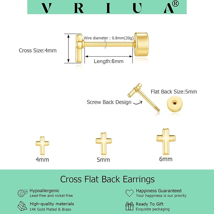 VRIUA 20G Tiny Flat Back Earrings for Women - 14K Gold/Silver Plated Small Flat Back Stud Earrings Hypoallergenic Cartilage Helix Piercing Jewelry