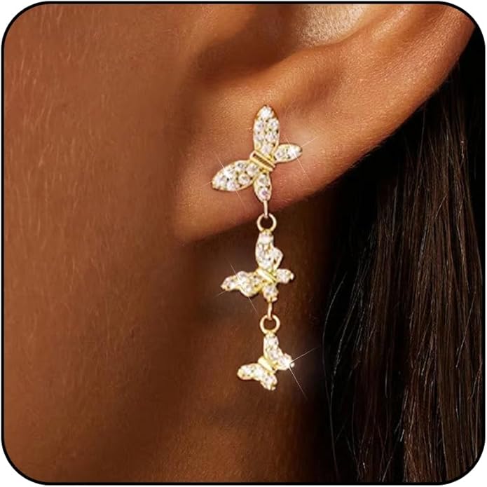 14K Gold Plated Dangle Earrings for Women Dainty Silver Drop Earring Trendy Small Long Dangling Wedding Bridesmaid Hoop Diamond Crystal Cute Earring Jewelry Valentine Gifts