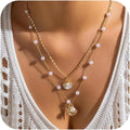 Shell Starfish Necklace for Women, 14k Gold Plated Boho Layered Beaded Charm Pendant Necklace, Dainty Adjustable Pearl Conch Summer Beach Vacation Jewelry Gifts