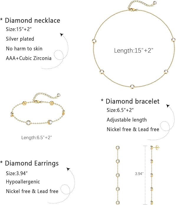 Tennis Necklace Bracelet for Women, Dainty Sterling Sliver Choker Necklace Crystal Link Bracelet Stud Earrings for Women Wedding Jewelry for Bride Jewelry Set Accessories