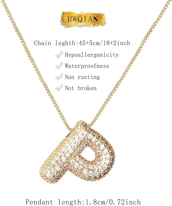 RWQIAN Letter Necklace for Women Bubble, Chunky Initial Alphabet A-Z Pendant Puffy Name Personalized Necklace Dainty Zircon CZ Fashion Jewelry Gifts for Girls Girlfriend