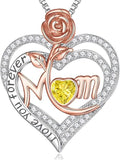 Rose Birthstone Gifts for Mom, S925 Sterling Silver Rose Heart Pendant Birthstone Necklace Mothers Day Valentines Day Christmas Birthday Jewelry Gifts for Mom
