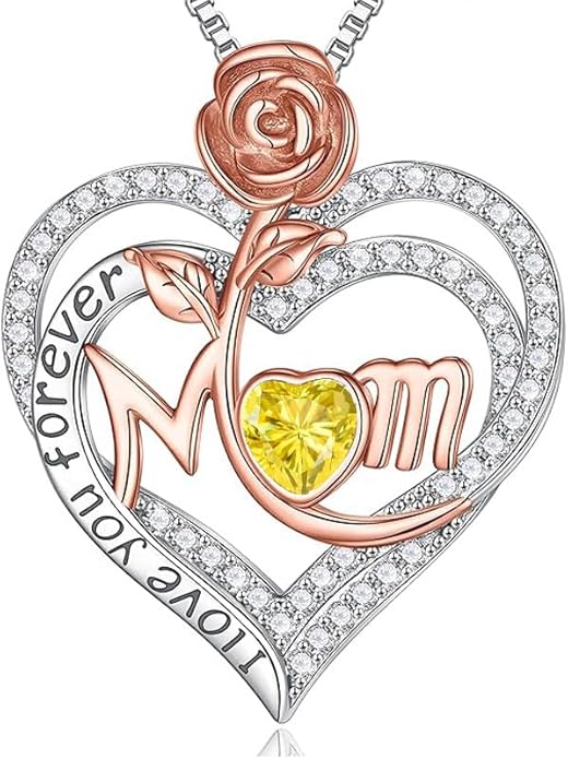 Rose Birthstone Gifts for Mom, S925 Sterling Silver Rose Heart Pendant Birthstone Necklace Mothers Day Valentines Day Christmas Birthday Jewelry Gifts for Mom