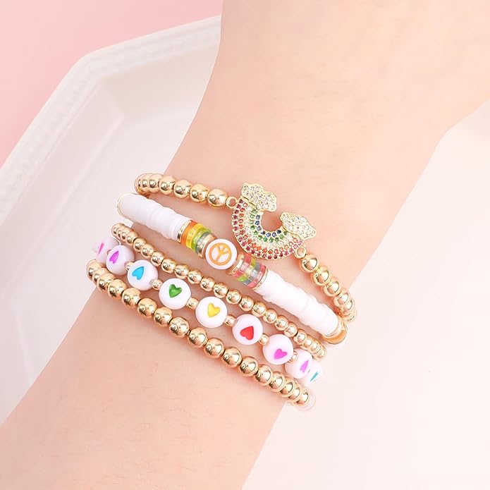 Bohemian Colorful Beaded Bracelets for Women Boho Stackable Natural Stone Letter Clay Glass Beads Stretch Bracelet Set with Charm, Cute Rainbow Friendship Bracelets for Summer Vacation