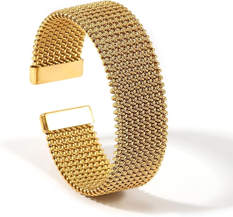 hotoo Gold Open Cuff Bangles Wide Woven Bracelets For Women Stainless Steel Stackable Jewelry For Xmas Birthday Gifts