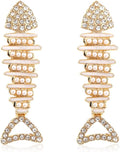 Creative Exaggerated Long Colorful Sparkly Crystal Fish Bone Dangle Drop Earrings Vintage Gold Cute Enamel Diamond Animal metal Stud Earrings
