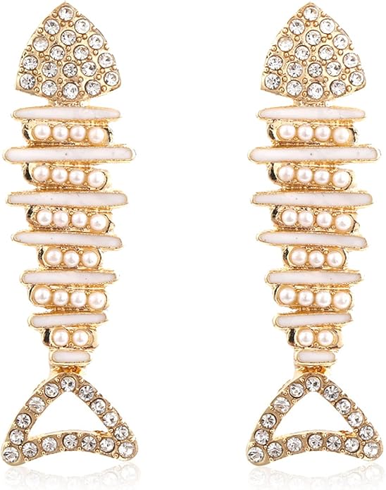 Creative Exaggerated Long Colorful Sparkly Crystal Fish Bone Dangle Drop Earrings Vintage Gold Cute Enamel Diamond Animal metal Stud Earrings