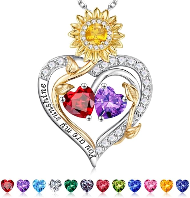 Iefil Valentines Day Gifts for Her - 925 Sterling Silver Sunflower Double Birthstone Necklace for Women, Anniversary Birthday Gifts for Wife, You Are My Sunshine Necklaces, Jewelry for Wife Mom
