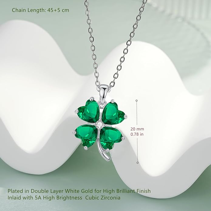VONSSY Four Leaf Clover Necklace Earrings Shamrock Irish ST Patricks Jewelry Set Gift 18k Gold Plated Green Emerald Zircon Diamond Crystal Lucky Saint Pendant for Woman Wife Girlfriend Mom