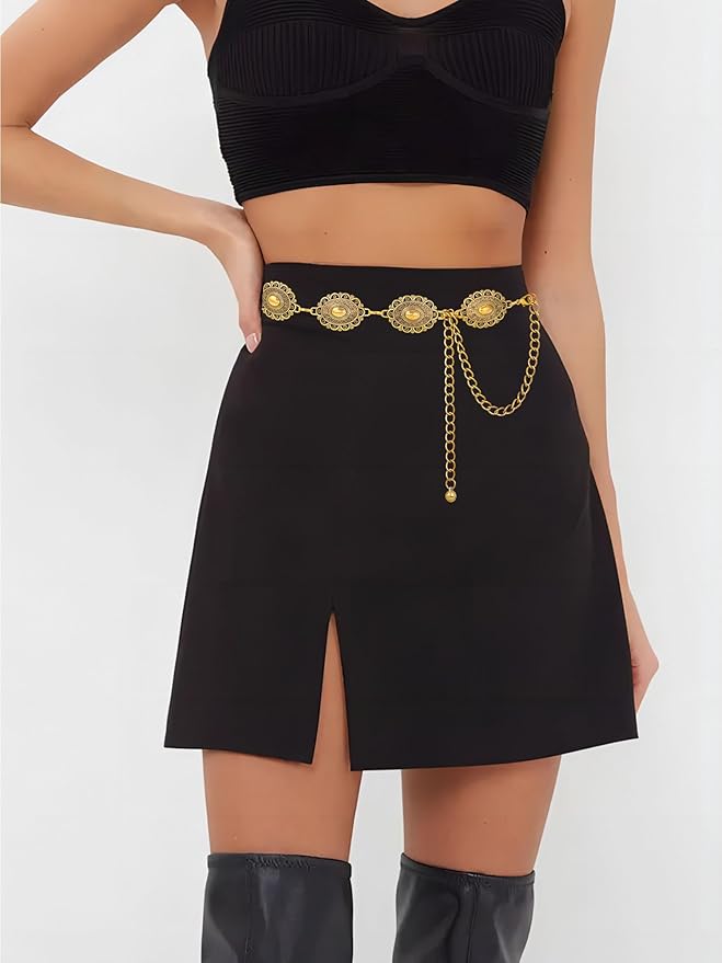 FIORETTO Metal Waist Chain Link Belt for Women Western Cowgirl Boho Turquoise Belts for Dress Jeans Country Concert Outfit