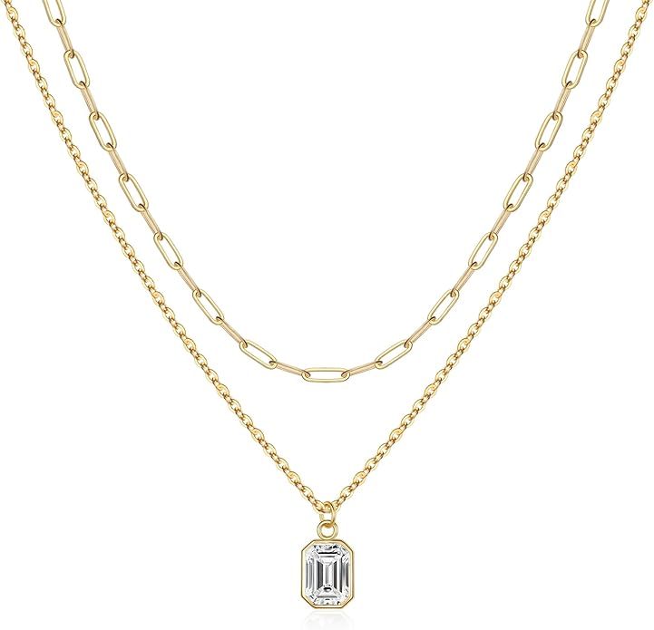 Layered Birthstone Necklace for Women Girls, 14K Gold-Plated Paperclip Chain Choker Necklace with Rectangle Birthstone Pendant Birthday Gifts for Women Girls Dainty Small