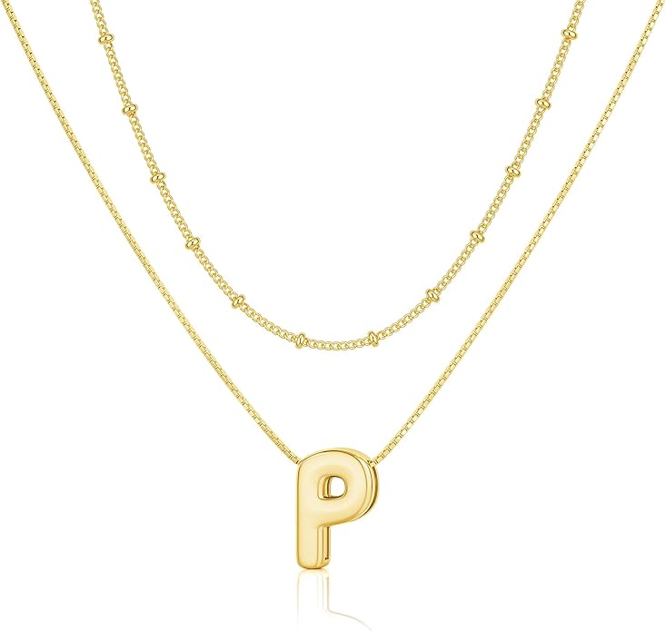 Initial 14K Gold Plated Necklaces for Women, Layered Bubble Letter A-Z Necklace Pendant Choker Necklaces for Women Trendy Monogram Name Necklace Personalized Jewelry for Women
