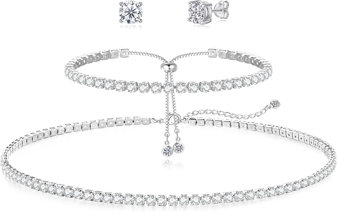 Tennis Necklace Bracelet for Women, Sterling Sliver, Dainty Chocker Necklace, Crystal Bracelet for Women, Wedding Jewelry for Bride, Sparkly Party Prom Hypoallergenic